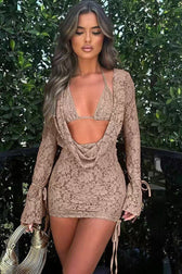 Solid Tie Lace Long Sleeve Skirt Two Piece Set