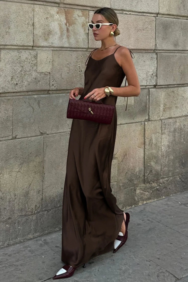 Clacive Fashion Loose Brown Satin Maxi Dress 2