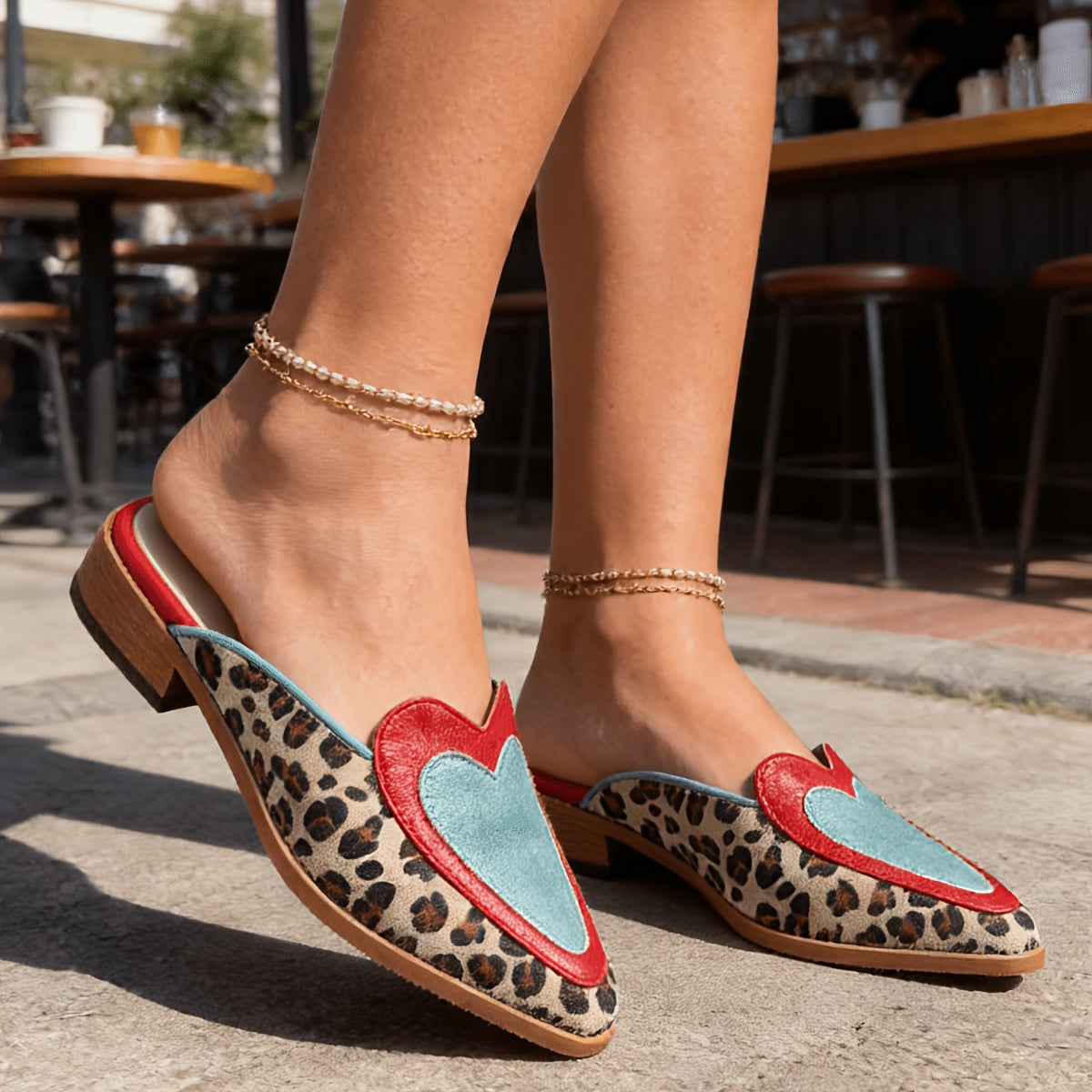 Pointed Toe Heart Applique Leopard Print Backless Mules