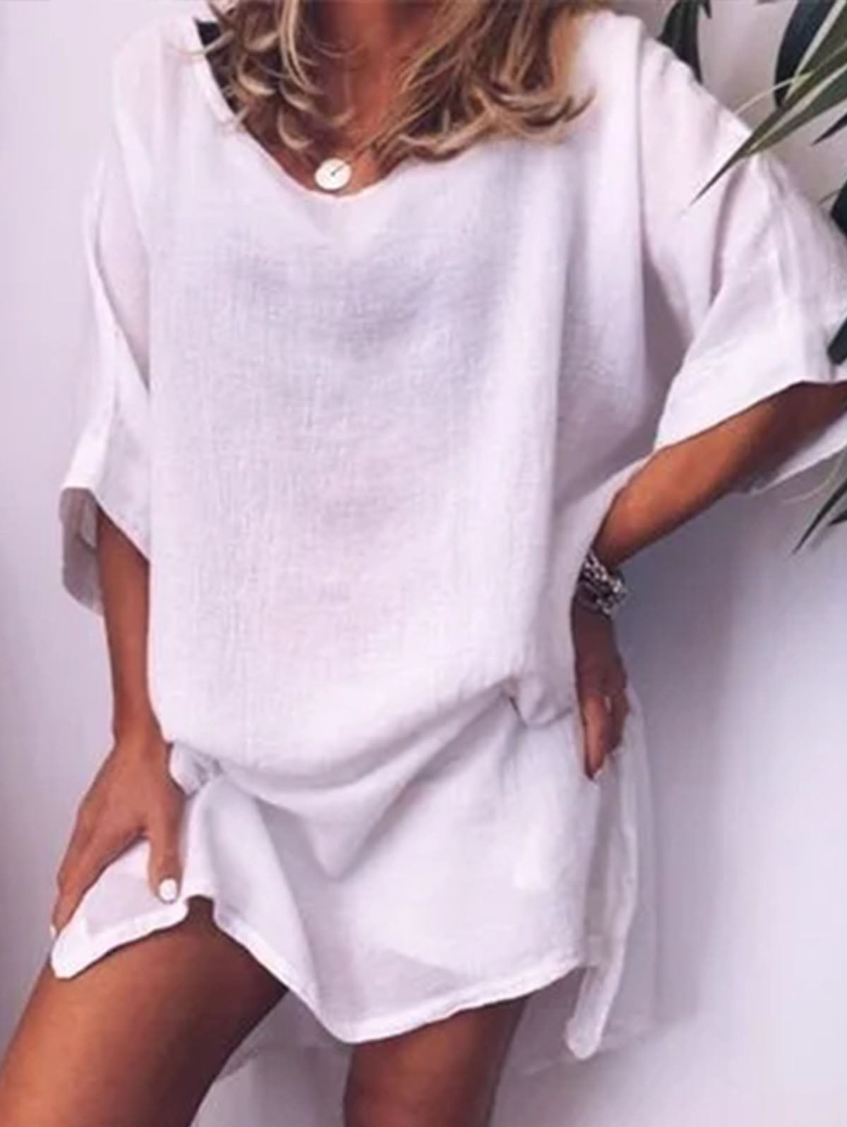 Linen Look Drop Shoulder Round Neck Pocket Relaxed Shift Mini Dress