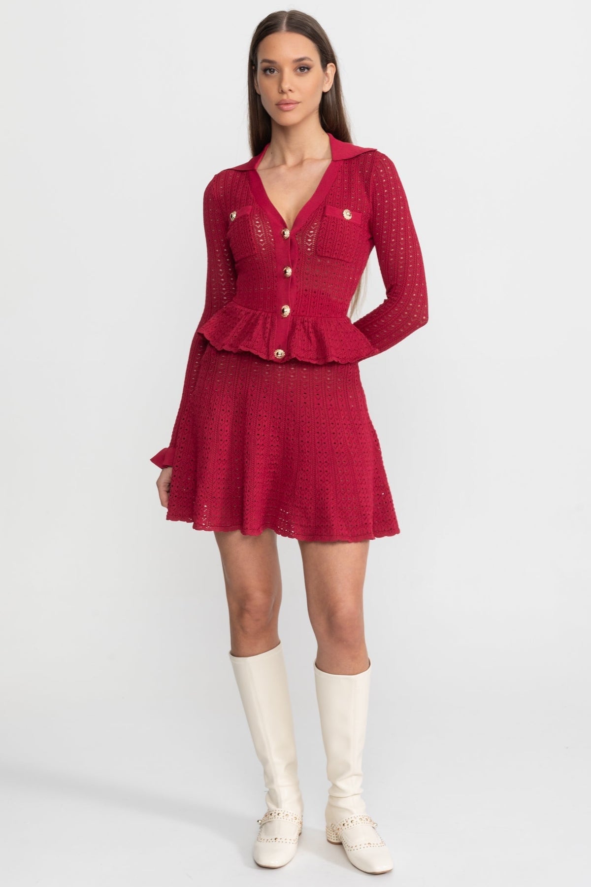 Pointelle Knit V-Neck Collared Long Sleeve Peplum Waist Flared Mini Dress