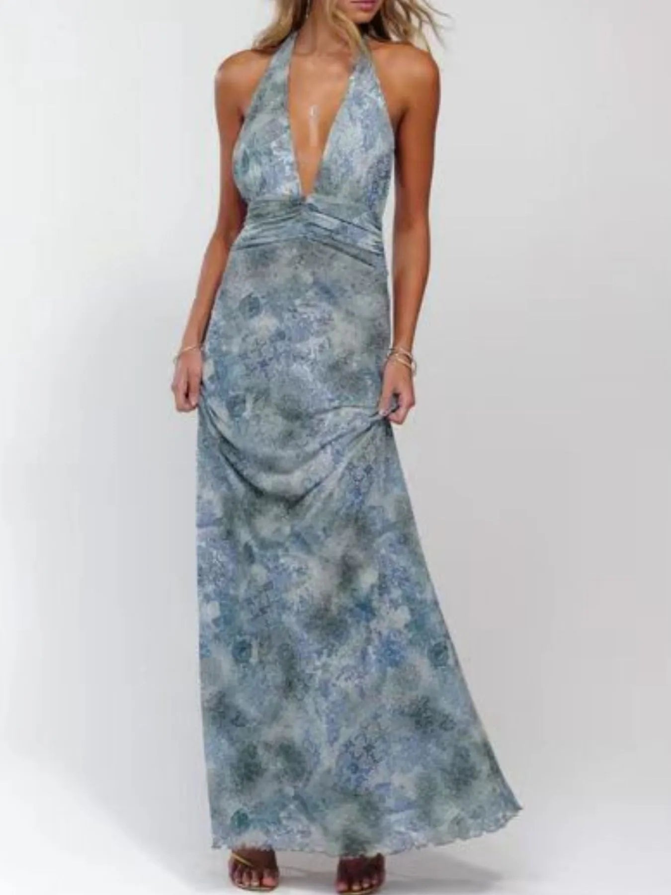 Floral Halter Neck Deep V-Neck Ruched Maxi Dress 18