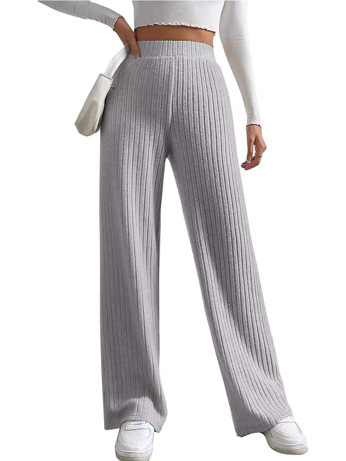 High Waist Ribbed Knit Elastic Waist Wide Leg Pants 6