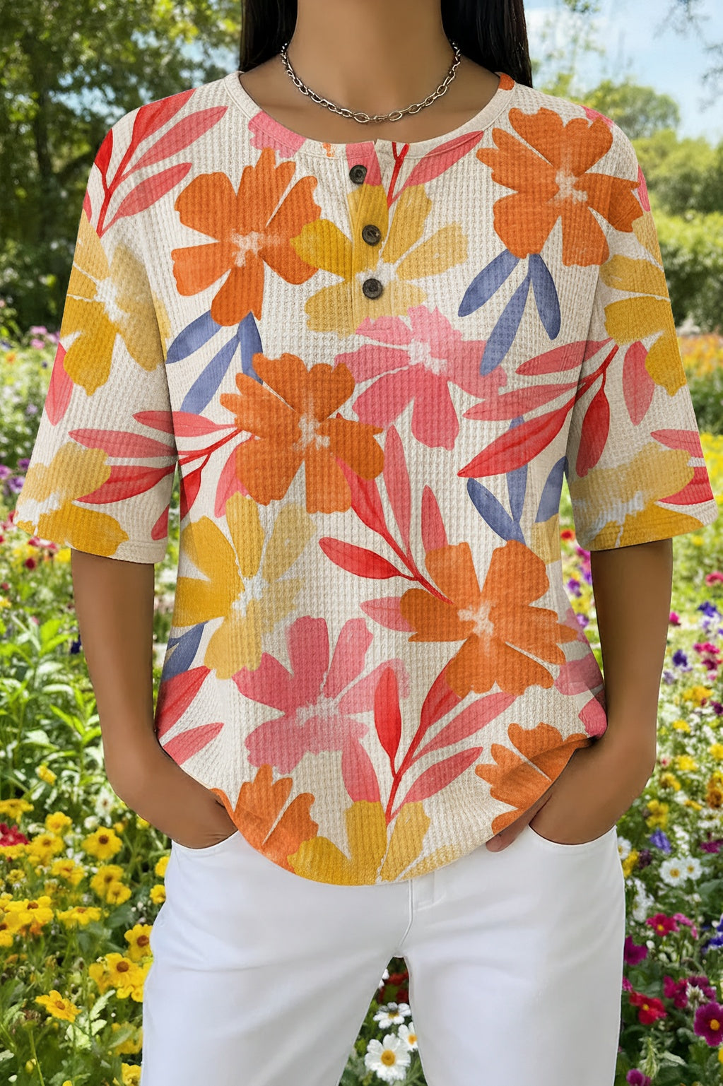 Womens White Orange Tropical Print Casual Shirt