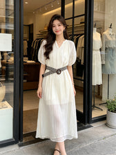 V-Neck Short Sleeve Crinkle Loose Maxi Dress 16