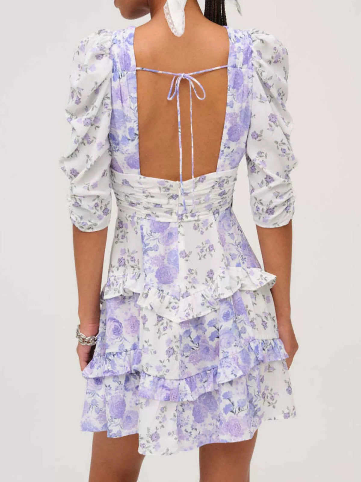 Floral Print Lace Trim Corset Waist Puff Sleeve Tiered Mini Dress 17