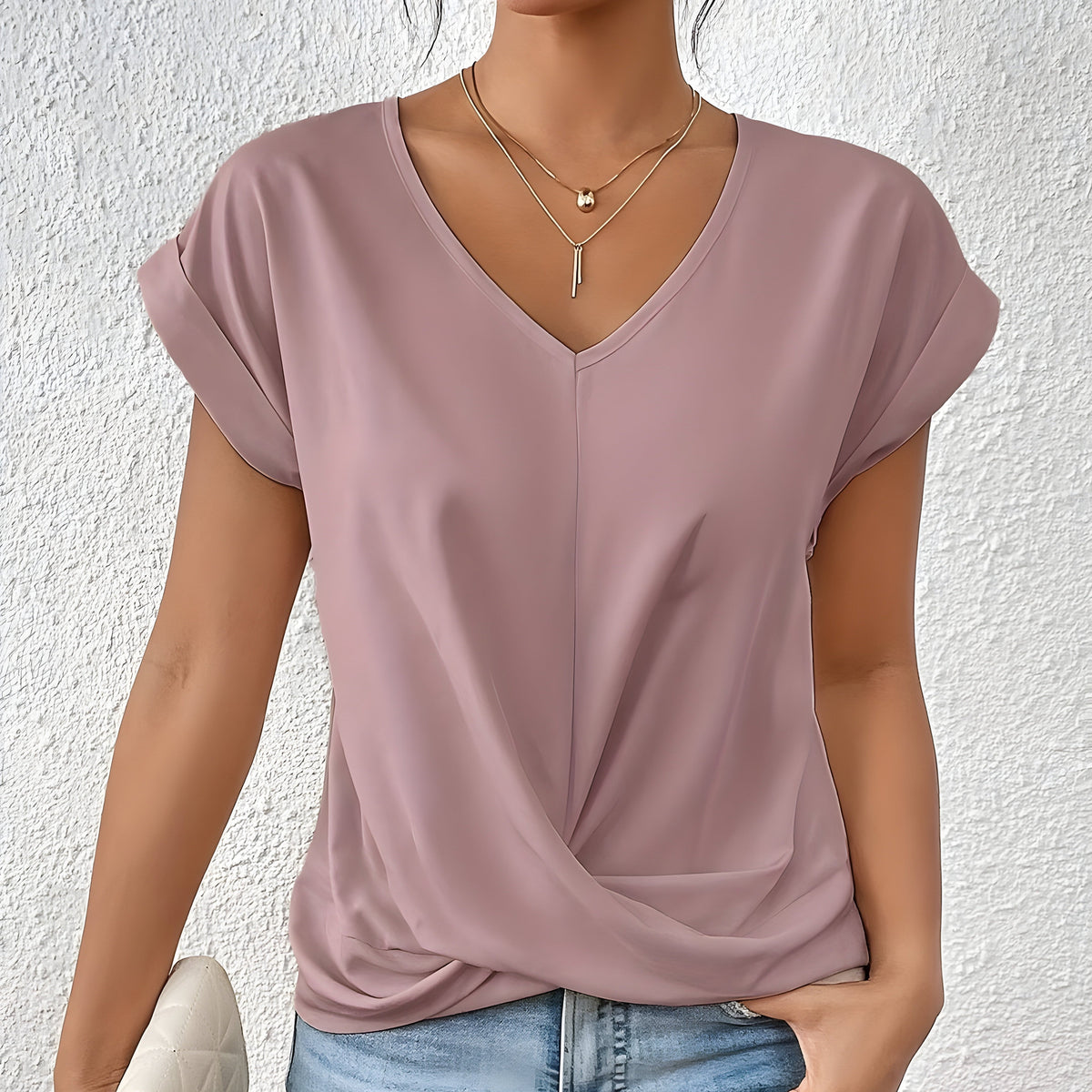 V-Neck Short Sleeve Twist Front Top