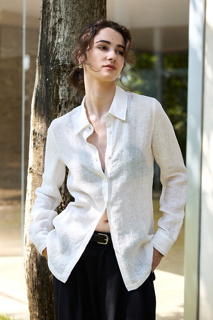 Semi Sheer Linen Look Collared Long Sleeve Slim Button Front Shirt 3