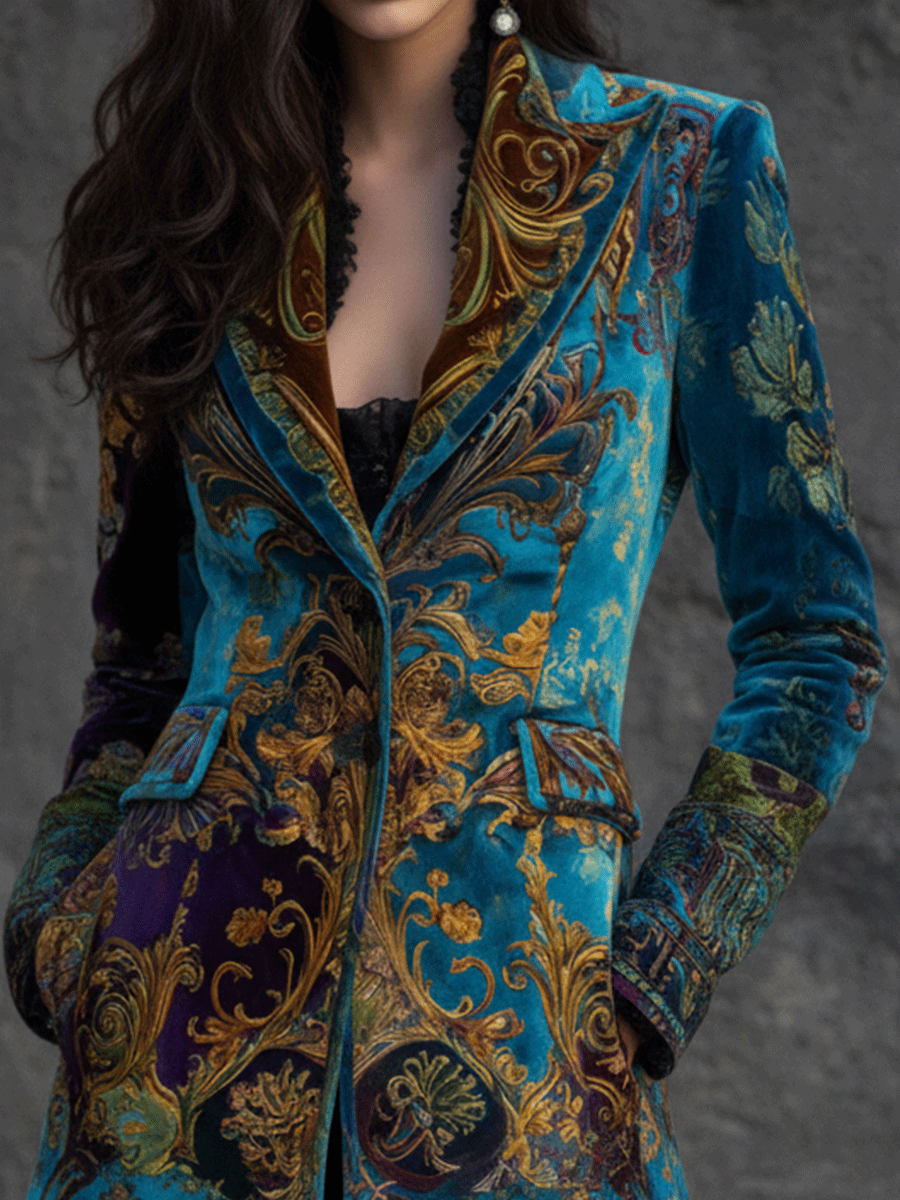 Vintage Boho Teal Baroque Velvet Coat - FashionAxe