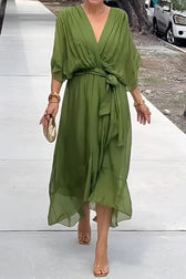 Solid Color V-neck Bat Sleeve Lace-up Irregular Hem Midi Dress - View 10