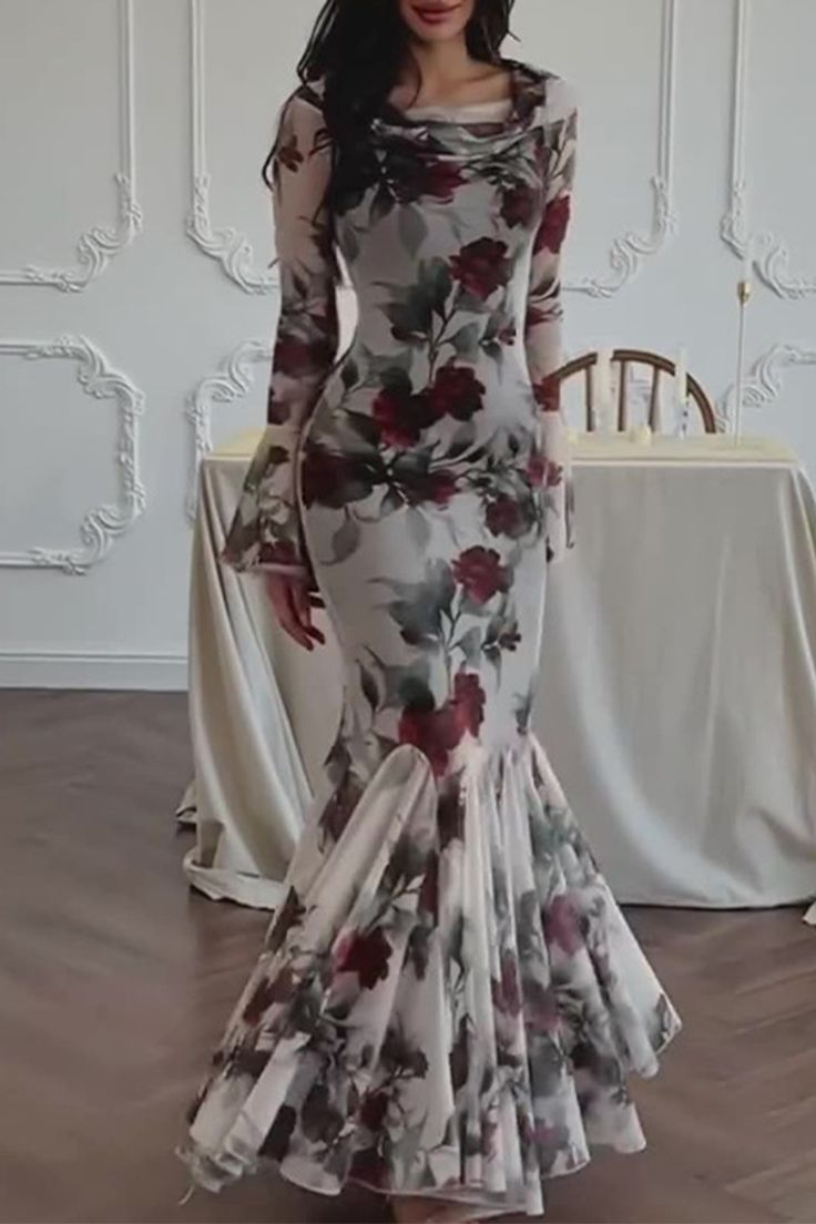 Vintage Mermaid Print Floarl Evening Dress Formal Prom Dress cc2009