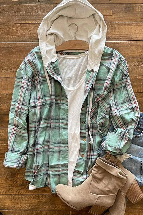 Flannel Plaid Button Down Hoodie Top