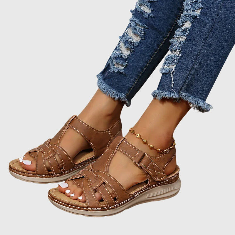 Caged Hook and Loop Strap Wedge Sandals