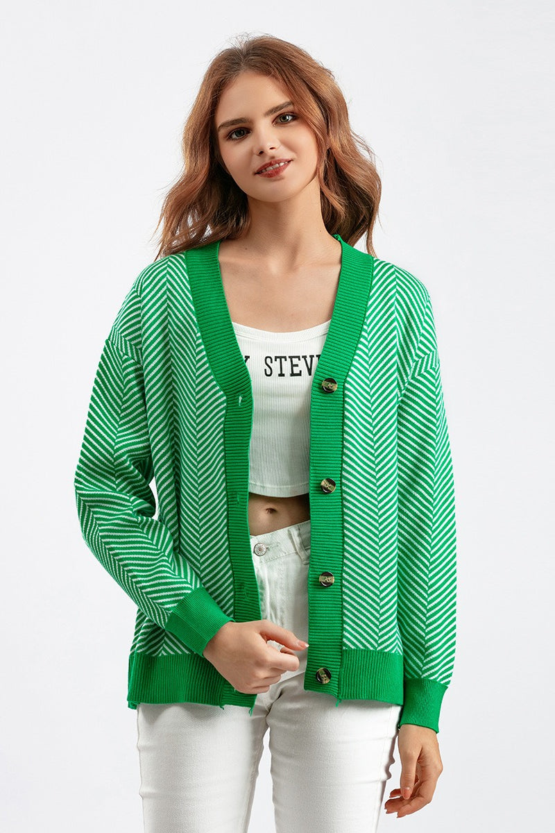 V-Neck Button Front Chevron Stripe Long Sleeve Knit Cardigan 17