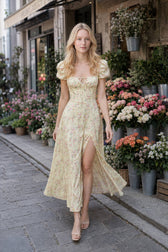 Square Neck Short Sleeve Slit Slim Floral Dress