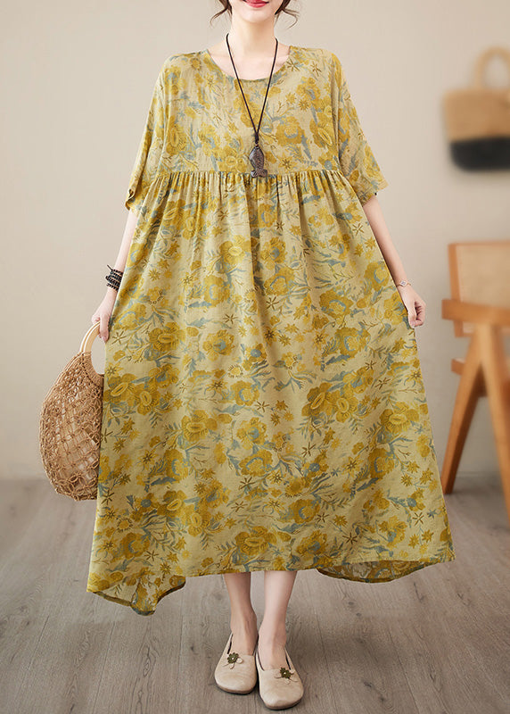 Floral Print Round Neck Dropped Shoulder Elbow Sleeve Empire Waist Pleated Maxi Summer Dress