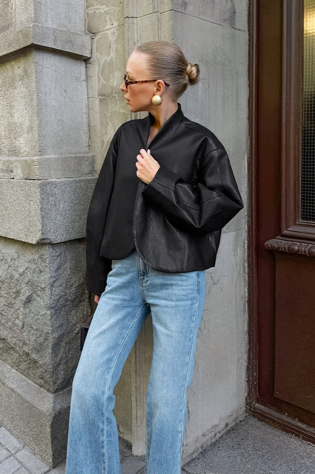 Black Leather Stand Collar Jacket