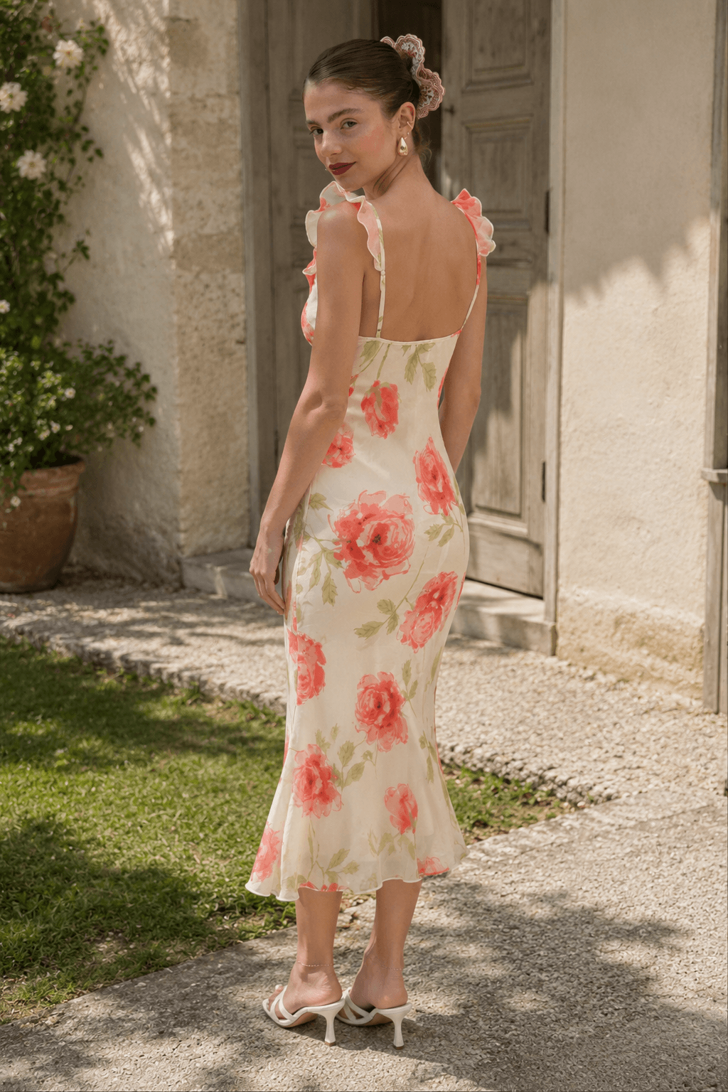 Open Back Pearl Bow Fitted Floral Dress