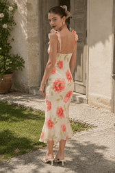 Open Back Pearl Bow Fitted Floral Dress