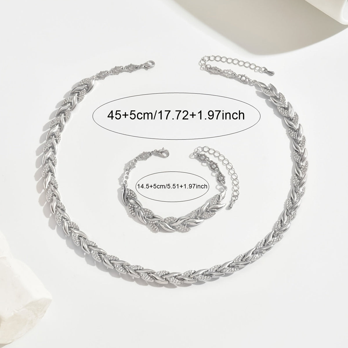Rhinestone Leaf Link Necklace and Bracelet Set