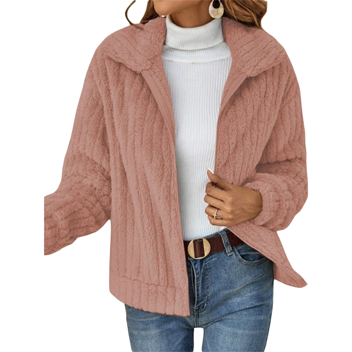 Fuzzy Fleece Lapel Collar Open Front Jacket