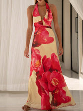 Floral Halter Neck Deep V-Neck Ruched Maxi Dress 15