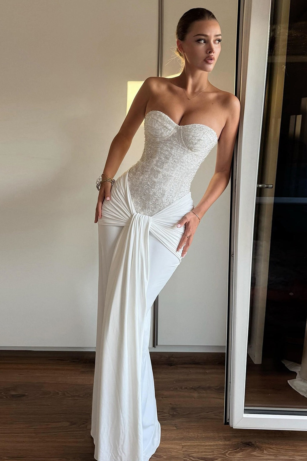 Strapless Beaded Corset Bodice Draped Knot Front Maxi Gown