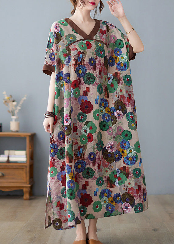 Floral Print V-Neck Contrast Trim Short Sleeve Pocket Oversized Maxi Dress