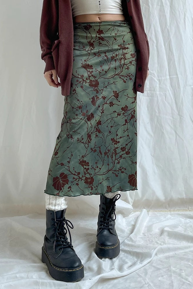 Floral Branch Print Satin Slip Midi Skirt 2
