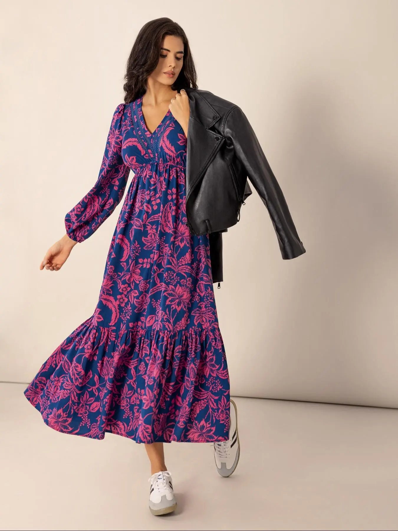 Floral Bishop Sleeve Lace Trim Tiered Midi Dress 2