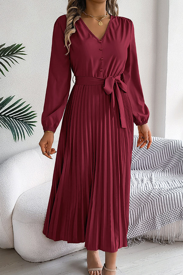 Solid Color Elegant V-neck Buttoned Lace-up Pleated Maxi Dress 26