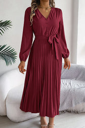 Solid Color Elegant V-neck Buttoned Lace-up Pleated Maxi Dress 26