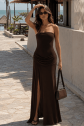 Plain Tube Top Pleated Split Curve Slip Dress