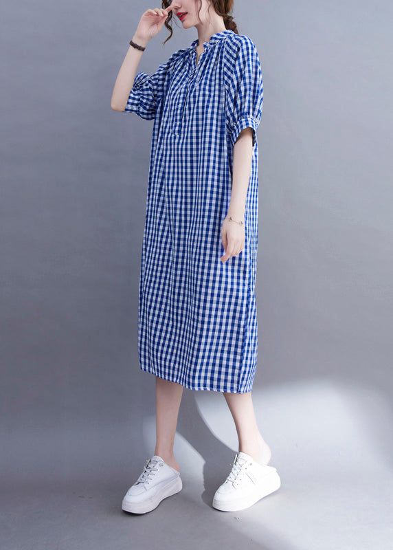 Gingham Check Mandarin Collar V-Neck Half Sleeve A-Line Midi Dress
