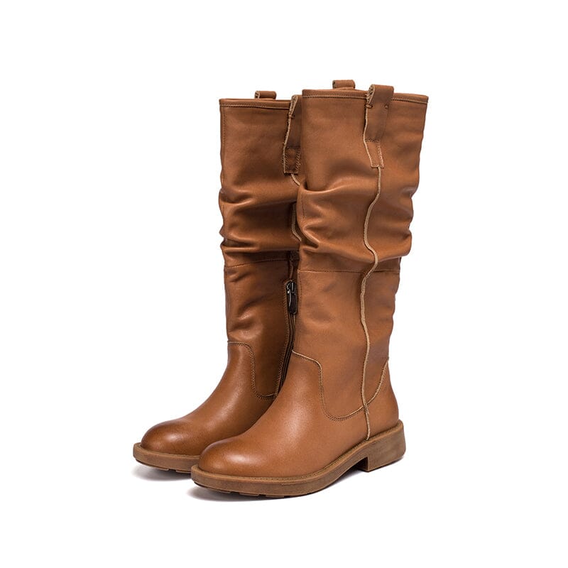 Waxing��Leather Knee High Boots Fold Design Riding Boots Buckle Boots in Black/Brown