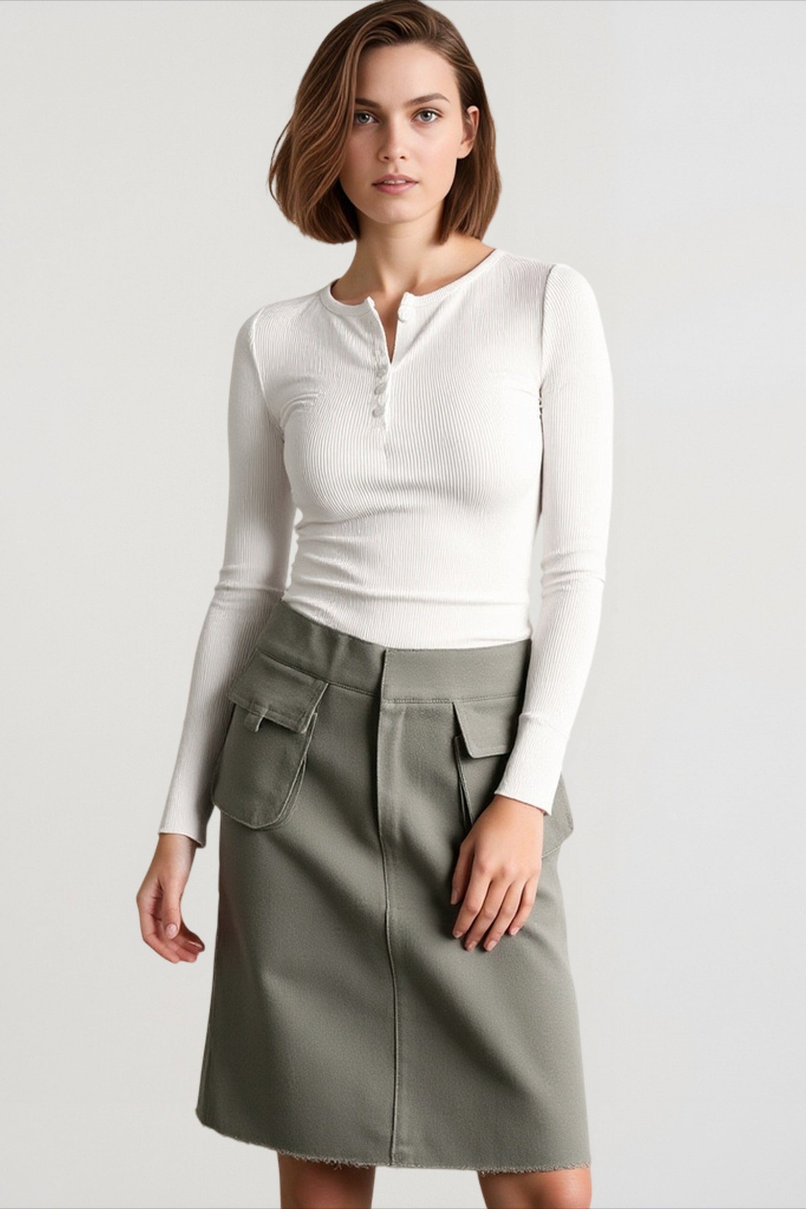Deep V-Neck Ribbed Long Sleeve Top
