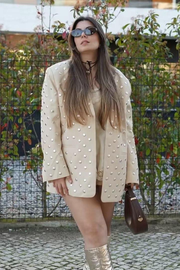 Studded Open Front Long Sleeve Oversized Blazer
