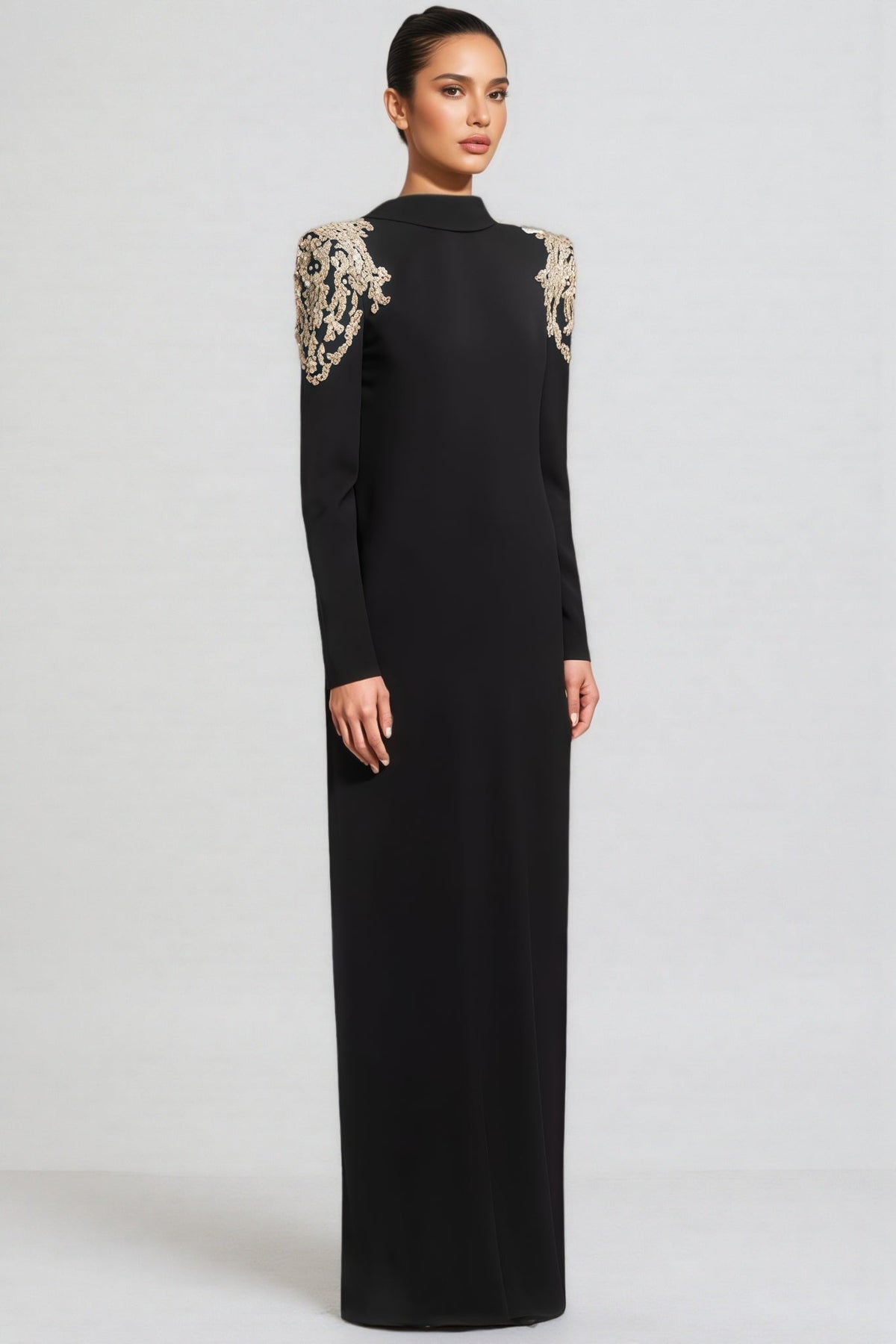 Beaded Shoulder Mock Neck Long Sleeve Column Maxi Gown 2