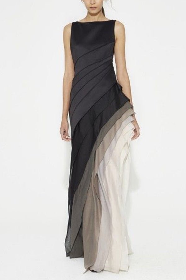 Sleeveless Boat Neck Ombre Tiered Diagonal Panel Maxi Gown 3