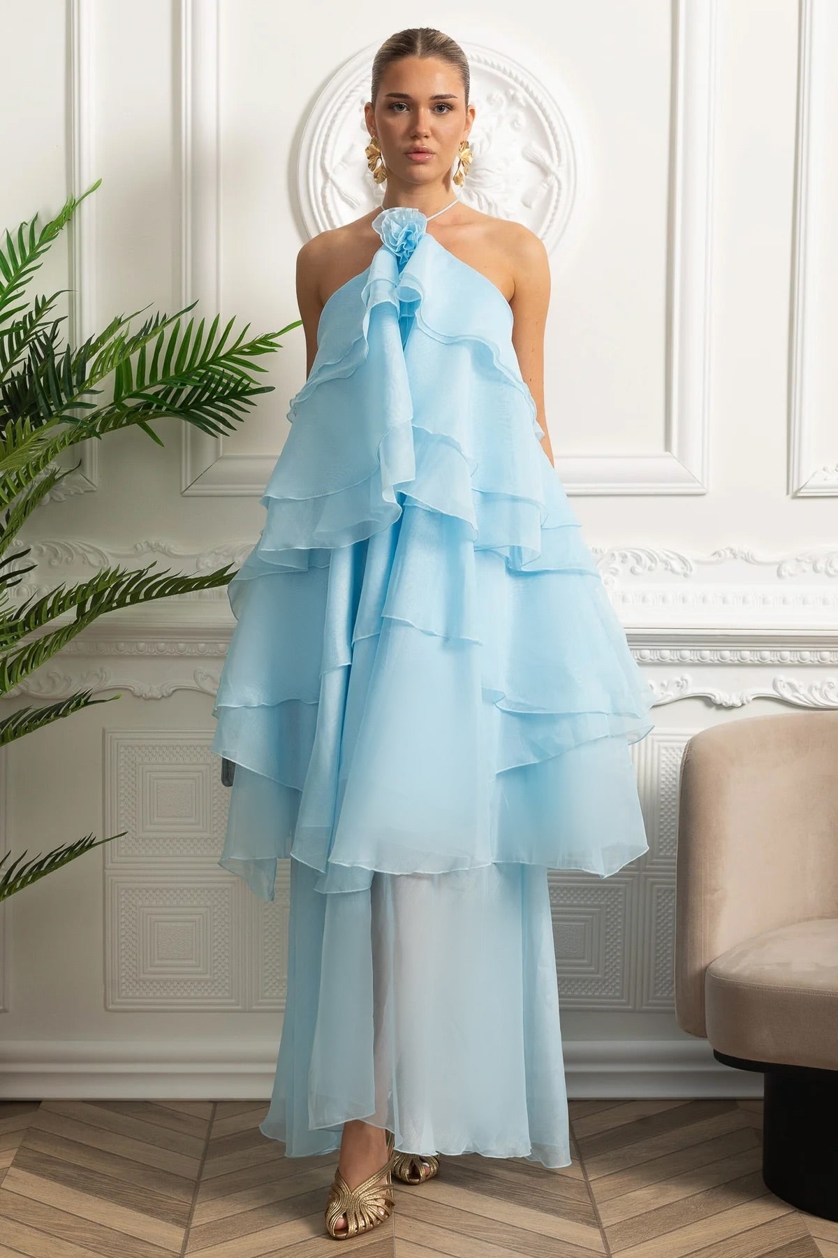 Halter Neck Rosette Tiered Ruffle Organza Trapeze Maxi Dress 3