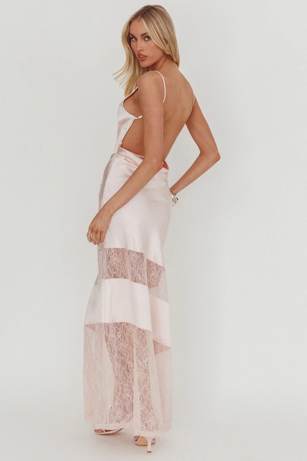 Satin Spaghetti Strap Open Back Lace Panel Maxi Dress