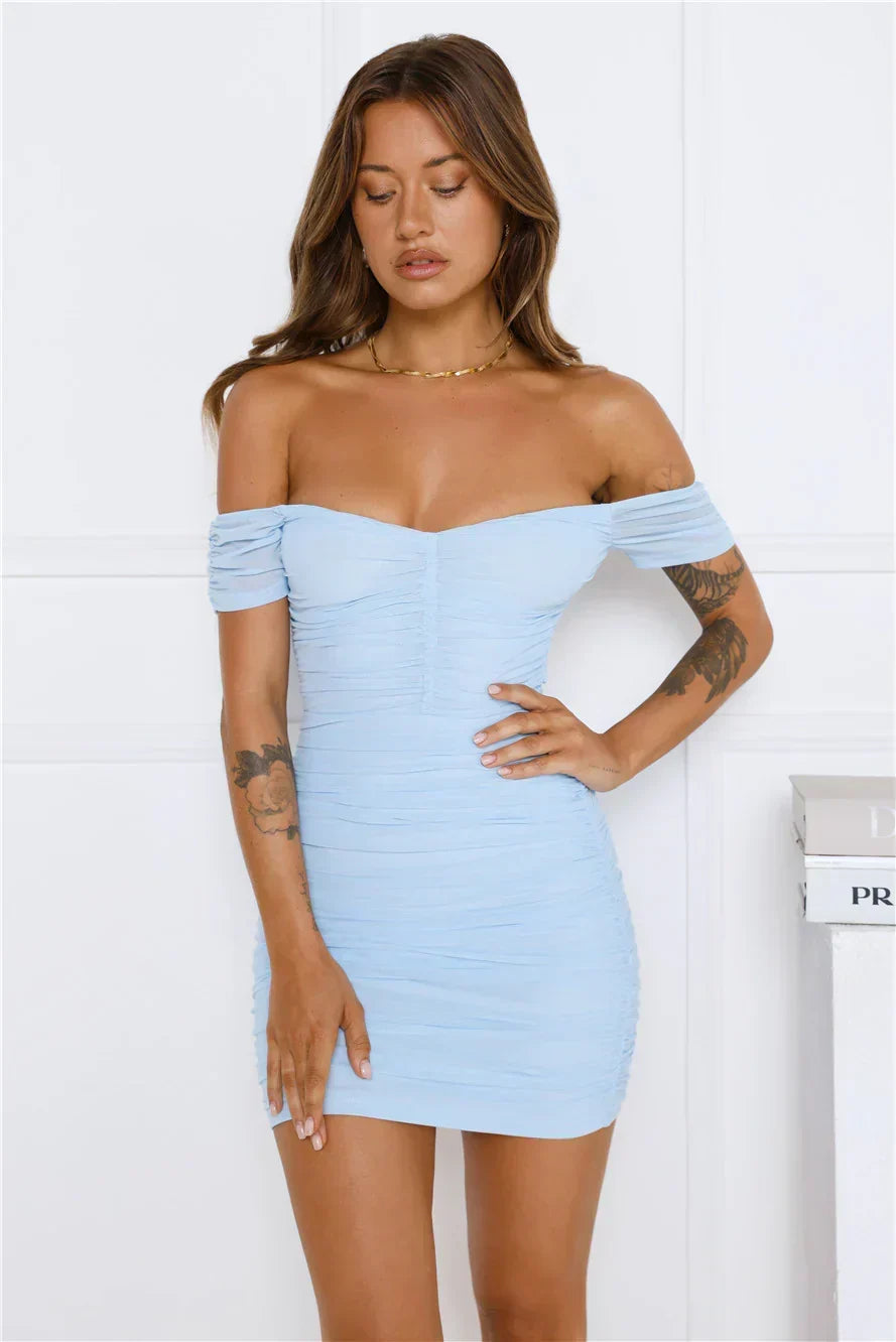 Ruched Mesh Off Shoulder Short Sleeve Bodycon Mini Dress 9