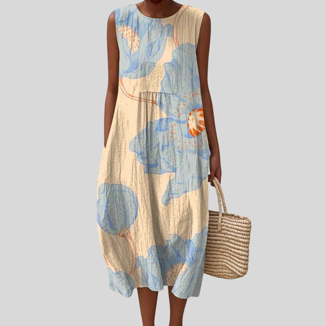 Floral Print Round Neck Sleeveless Pocket Midi Dress