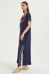 Embroidered V-Neck Short Sleeve Kaftan Maxi Dress 10