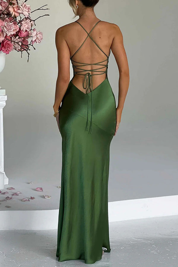 Satin V-Neck Spaghetti Strap High Split Bodycon Maxi Dress 10