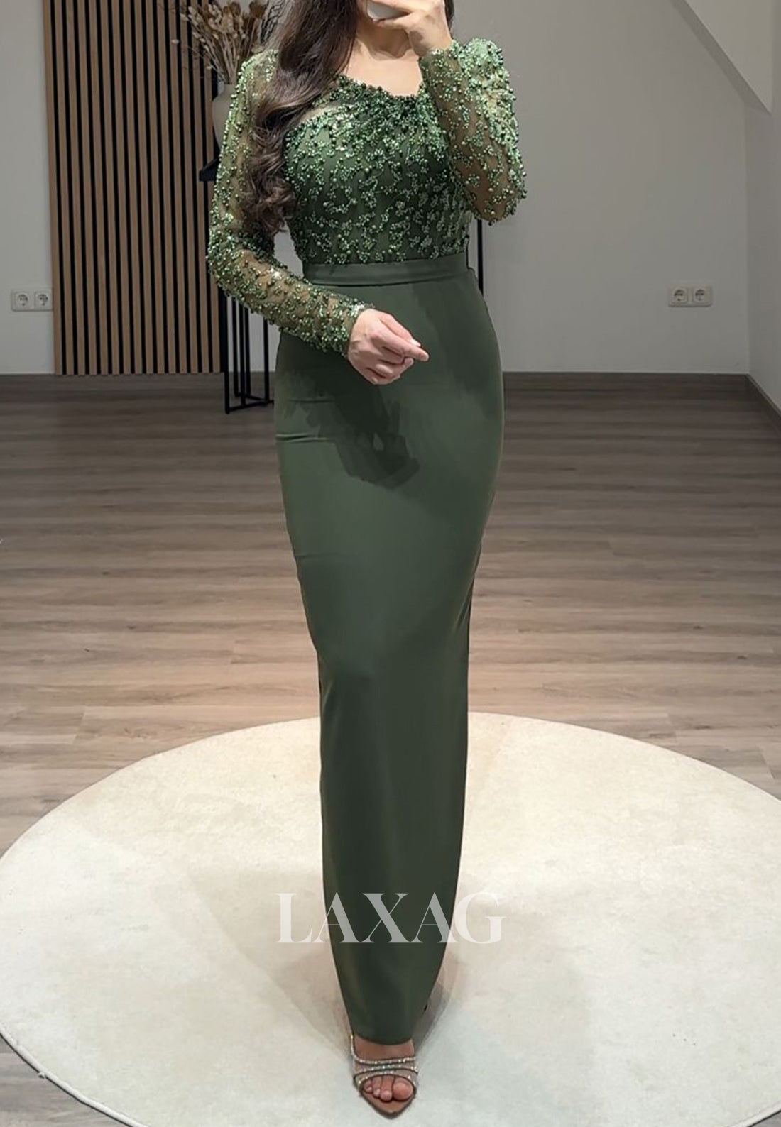 Scoop-Neck Beaded Sequined Floor-Length Party Gowns Long Sleeves Pleated Mermaid Prom Dress