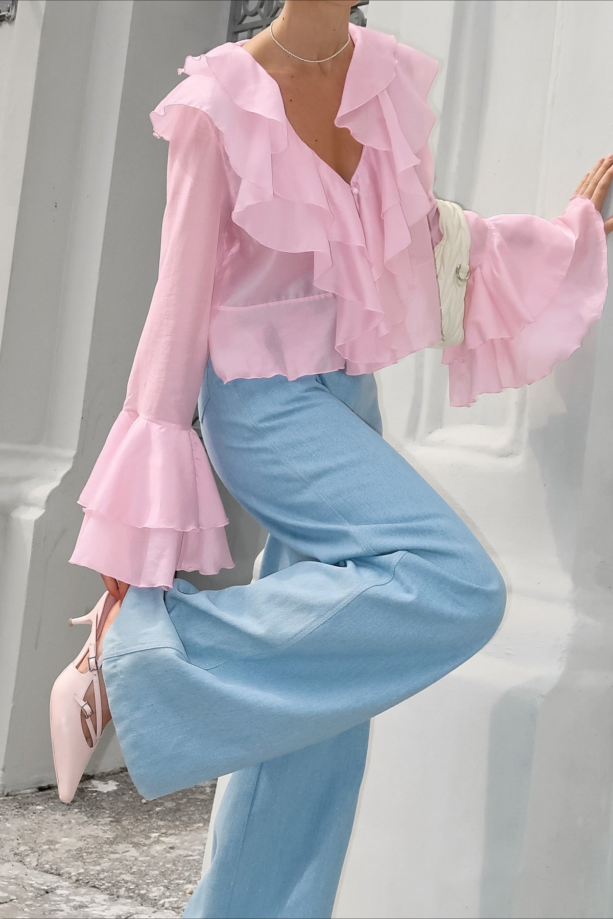Chiffon Ruffle V-Neck Tiered Flare Sleeve Cropped Blouse