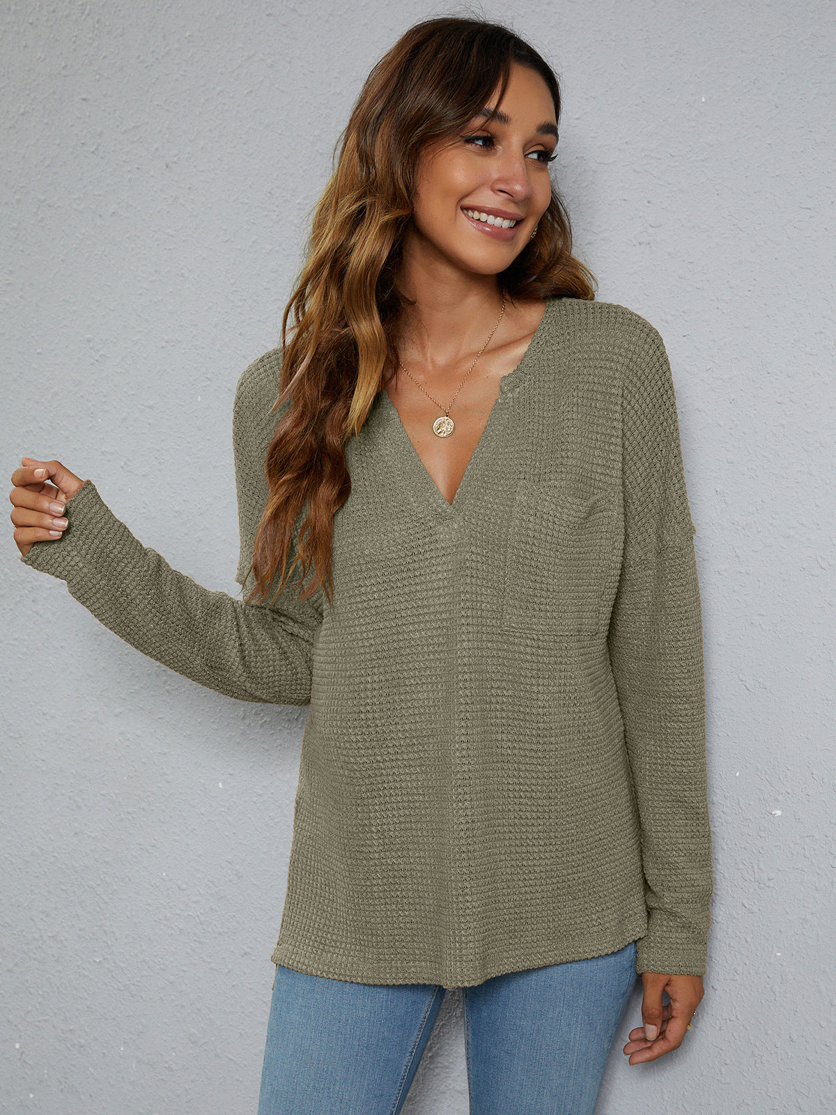 Waffle Knit Notched V-Neck Drop Shoulder Long Sleeve Pocket Top 9