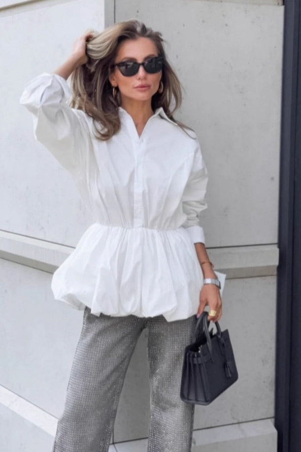 Collared Long Sleeve Bubble Hem Peplum Button Front Shirt