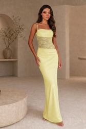 Off-Shoulder Lace Cami Slit Sheer Maxi Lace Dress